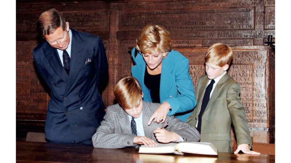 Prince Charles, Princess Diana and Prince Harry observing Prince William on his first day at Eton