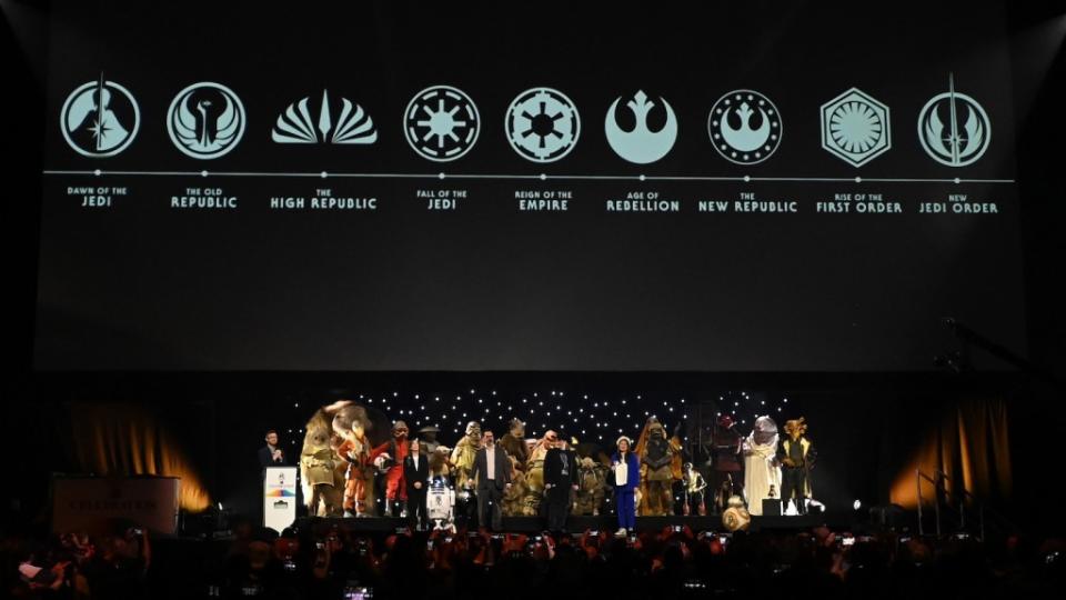 LONDON, ENGLAND - APRIL 07: Ali Plumb, Kathleen Kennedy,  James Mangold, Dave Filoni, and Sharmeen Obaid-Chinoy onstage durng the studio panel at Star Wars Celebration 2023 in London at ExCel on April 07, 2023 in London, England. (Photo by Kate Green/Getty Images for Disney)