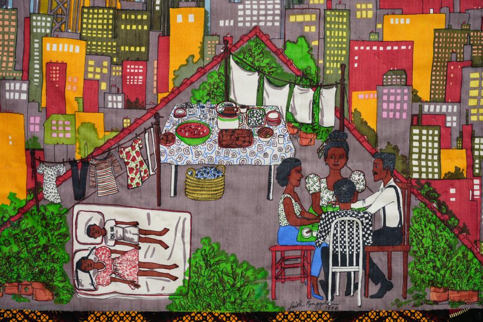 A section photographed of Tar Beach 2 by Fatih Ringgold. An exhibit of Faith Ringgold is on display at the Gallery Bergen at Bergen Community College in Paramus, NJ on Thursday Feb. 2, 2023. 
