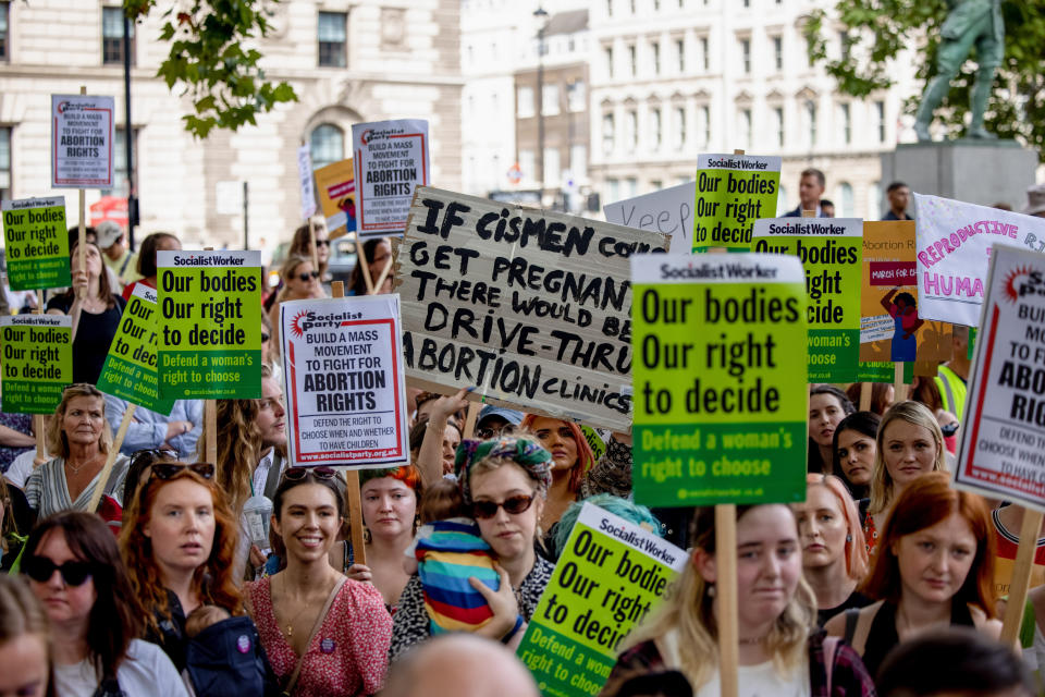 LONDON, UNITED KINGDOM - 2022/09/03: Pro-abortion protesters hold placards expressing their opinion during a counter-protest on abortion rights at Parliament Square. Pro-abortion activists organised a counter-protest to the March for Life to advocate the right of saving abortion for women who require it. They face confrontation from the pro-life advocates during the counter-protest in Parliament Square, London. (Photo by Hesther Ng/SOPA Images/LightRocket via Getty Images)