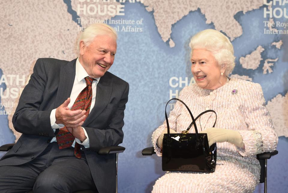 Queen Elizabeth II presents the Chatham House Prize 2019 to Sir David Attenborough at the Royal institute of International Affairs, Chatham House on November 20, 2019 (Getty Images)