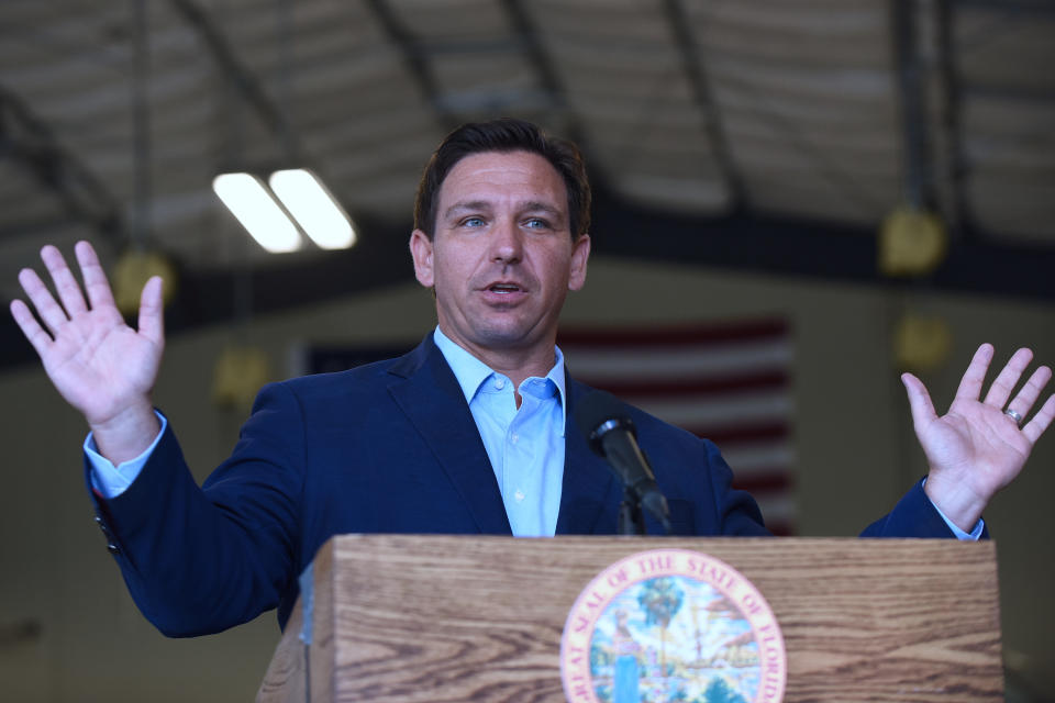 Florida Governor, Ron DeSantis speaks at a press conference at the Eau Gallie High School aviation hangar on March 22, 2021 in Melbourne, FL. (Paul Hennessy/SOPA Images/LightRocket via Getty Images)