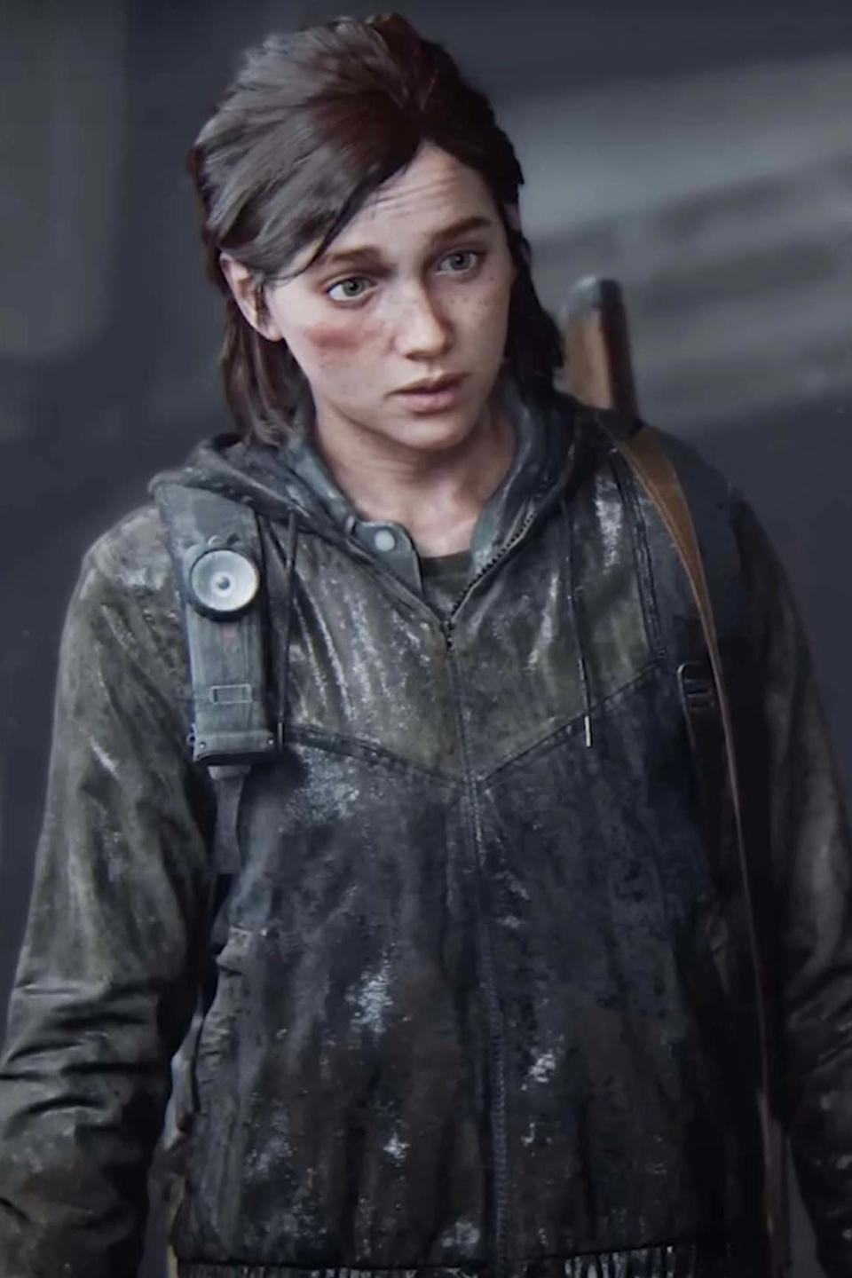 Ellie from The Last of Us Part II video game, looking pensive, with a backpack and dirt on her clothes