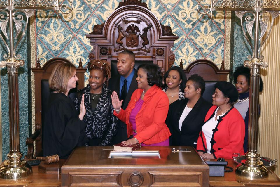 State Rep. Leslie Love of Detroit, whose district includes Redford Township, takes the ceremonial oath of office from Michigan Supreme Court Justice Bridget Mary McCormack on Wednesday, Jan. 14. Joining her were her mother Frances Witten, sisters Bethany Alexander and Jimalatice Gilbert, friend Cheryl Prude and staff members Kevin Harris and Lauren Bealore.