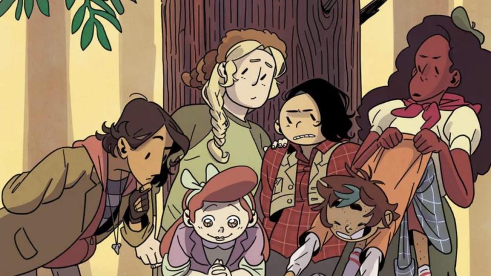 Jo, Molly, Mal, April, Ripley and Jen all staring down at something mysterious on the cover of Lumberjanes comic