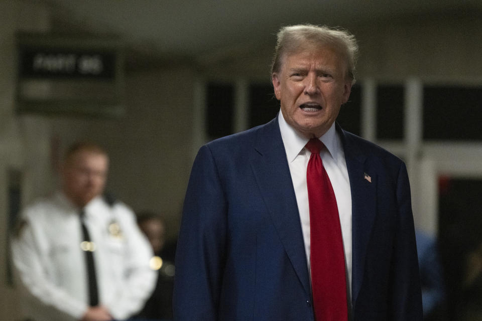 Former President Donald Trump speaks to reporters at Manhattan Criminal Court in New York, Tuesday, April 30, 2024. (Victor J. Blue/The Washington Post via AP, Pool)