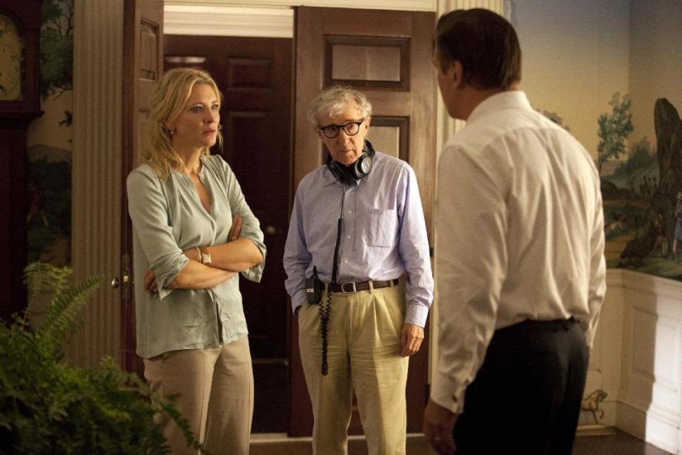 This publicity image released by Sony Pictures Classics shows, actress Cate Blanchett, left, director Woody Allen, center, and Alec Baldwin on the set of "Blue Jasmine." Allen will receive the Cecil B. DeMille Award at Sunday’s ceremony. (AP Photo/Sony Pictures Classics)