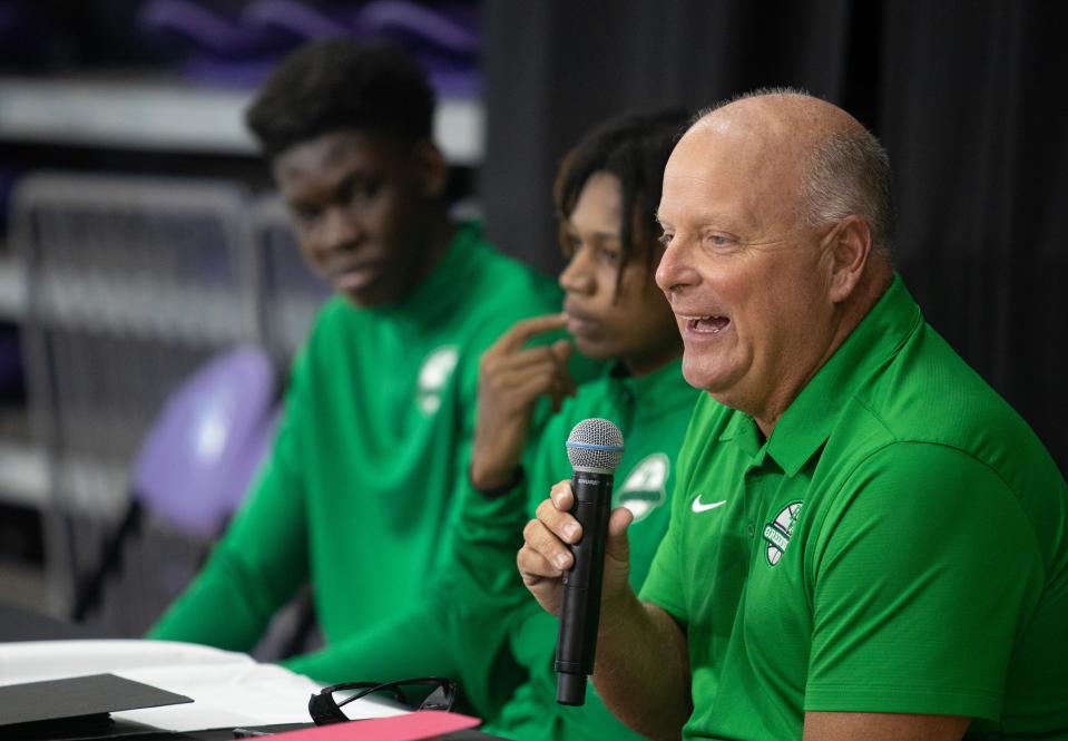 Fort Myers High basketball coach Keeth Jones speaks at a press conference on Wednesday, Aug. 23, 2023, that announced the field for the 2023 City of Palms Basketball Tournament held in December each year.