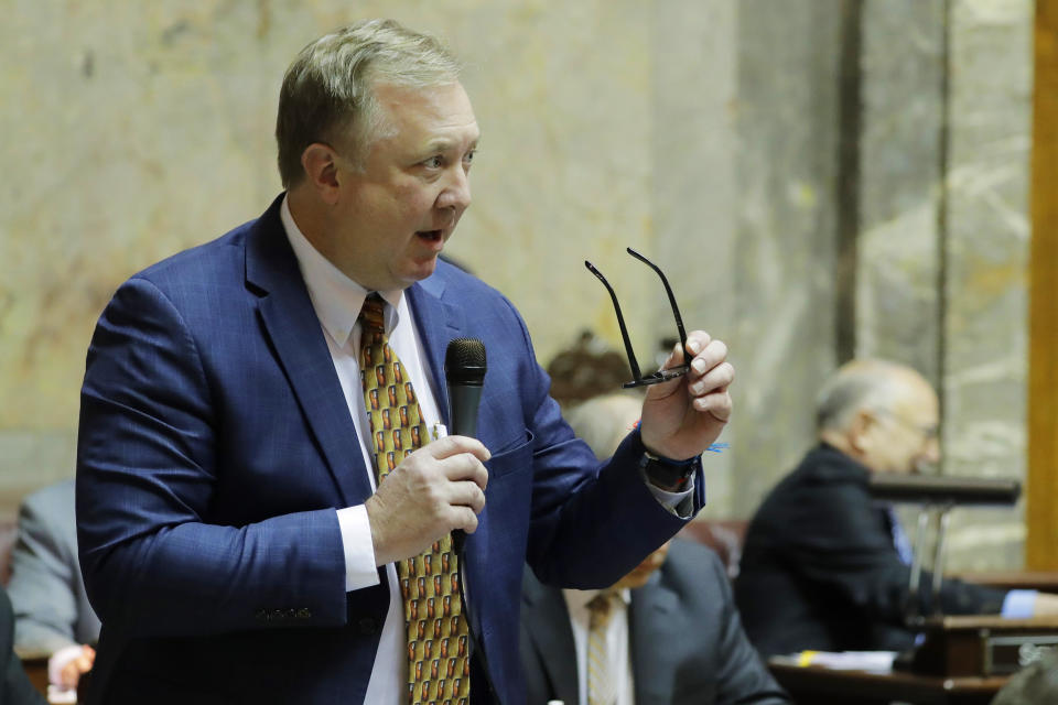 FILE - Washington Sen. Doug Ericksen, R-Ferndale, speaks on the Senate floor on Jan. 15, 2020, at the Capitol in Olympia, Wash. Ericksen died Friday, Dec. 17, 2021, after saying in November that he tested positive for COVID-19, although his cause of death was not immediately confirmed on Saturday. He was 52. (AP Photo/Ted S. Warren, File)