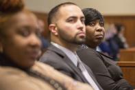 Ursula Ward (R), mother of Odin Lloyd, attends the murder trial of former New England Patriots tight end Aaron Hernandez at Bristol County Superior Court in Fall River, Massachusetts February 3, 2015. Hernandez is accused of murdering semi-professional football player Odin Lloyd in June, 2013. Hernandez has also has been accused of killing two men outside a Boston nightclub in 2012 following a dispute over a spilled drink. REUTERS/Aram Boghosian/The Boston Globe/Pool (UNITED STATES - Tags: CRIME LAW SPORT)