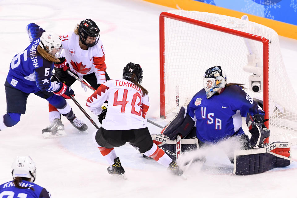 Madeline Rooney #35 of the United States tends goal against Blayre Turnbull #40 and Haley Irwin #21 of Canada in the first period during the Women's Gold Medal Game on day thirteen of the PyeongChang 2018 Winter Olympic Games at Gangneung Hockey Centre on February 22, 2018 in Gangneung, South Korea.