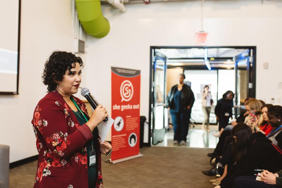 Felicia Jadczak speaks at a 2019 summit in Boston.