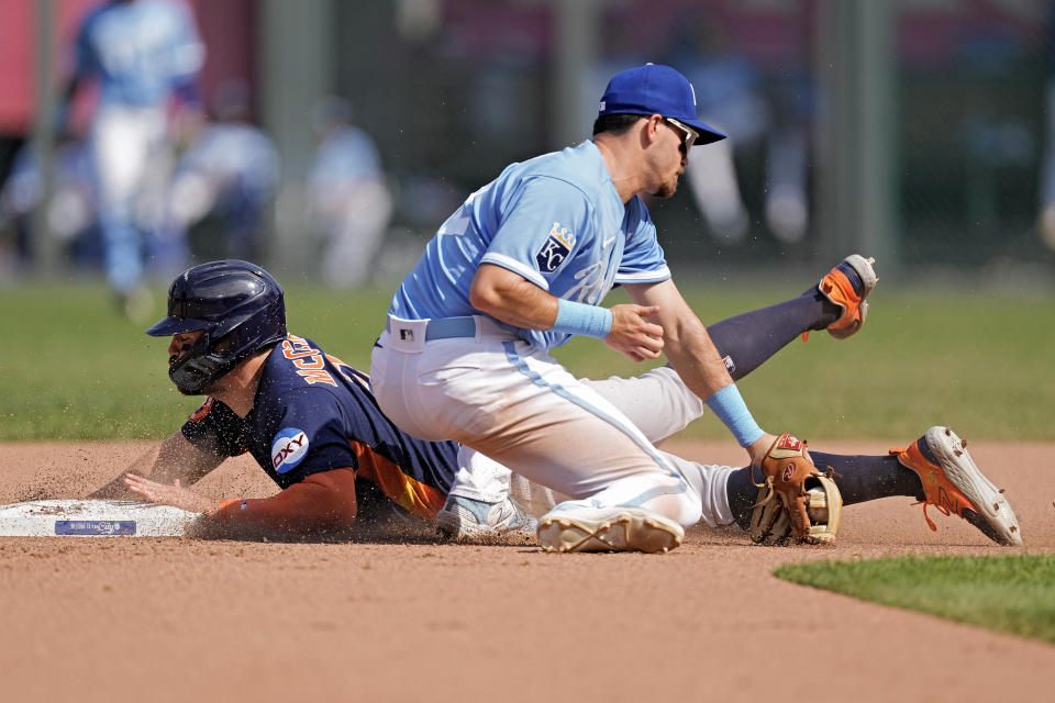 Houston Astros' Chas McCormick beats the tag byKansas City Royals second baseman Nick Loftin to steal second during the eighth inning of a baseball game Sunday, Sept. 17, 2023, in Kansas City, Mo. The Astros won 7-1. (AP Photo/Charlie Riedel)
