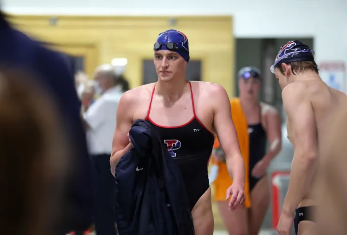 Lia Thomas of the Pennsylvania Quakers after winning the 500 meter freestyle event during a tri-meet against the Yale Bulldogs and the Dartmouth Big Green at Sheerr Pool on the campus of the University of Pennsylvania