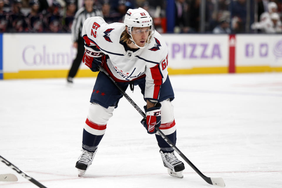 FILE - Washington Capitals forward Carl Hagelin plays during an NHL hockey game against the Columbus Blue Jackets in Columbus, Ohio, Friday, Nov. 12, 2021. Capitals winger Carl Hagelin is out indefinitely after undergoing surgery on his chronically injured left hip. The veteran Swede has not played since taking an errant stick to the eye in practice March 1. The Capitals start the season Wednesday, Oct. 12, 2022, without Hagelin, center Nicklas Backstrom and right winger Tom Wilson. (AP Photo/Paul Vernon, File)