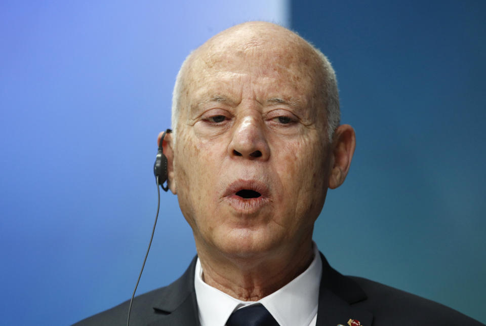 FILE - Tunisia's President Kais Saied speaks during a media conference at an EU Africa summit in Brussels, Friday, Feb. 18, 2022. To outsiders, Tunisia’s legislative elections Saturday, Dec. 17, 2022 look questionable: Many opposition parties are boycotting. A new electoral law makes it harder for women to compete. Foreign media aren’t allowed to talk to candidates. But many voters believe that their country’s decade-old democratic revolution has failed, and welcome their increasingly autocratic president’s political reforms.(Johanna Geron, Pool Photo via AP, File)