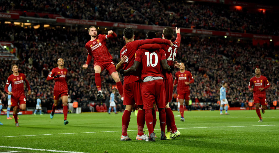 LIVERPOOL, ENGLAND - NOVEMBER 10:  (THE SUN ON OUT, THE SUN ON SUNDAY OUT) Sadio Mane of Liverpool celebrates after scoring the opening goal during the Premier League match between Liverpool FC and Manchester City at Anfield on November 10, 2019 in Liverpool, United Kingdom. (Photo by Andrew Powell/Liverpool FC via Getty Images)