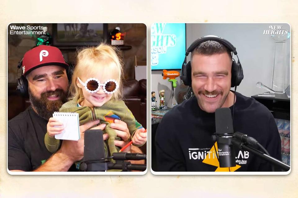 <p>New Heights/YouTube</p> Jason Kelce and daughter Elliotte, Travis Kelce