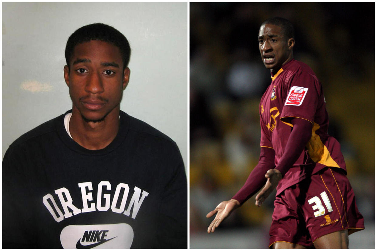 Left, Gavin Grant's mugshot released following his conviction and right, in action for Bradford City. (PA)