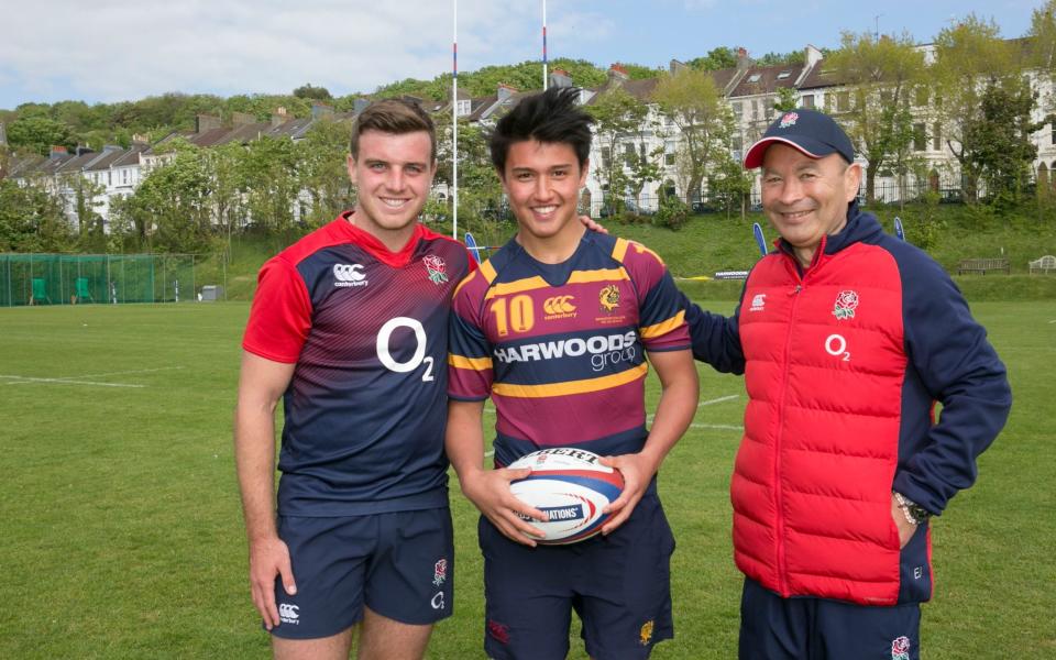 George Ford (left) and Eddie Jones (right) pictured with Marcus Smith at Brighton College in 2016