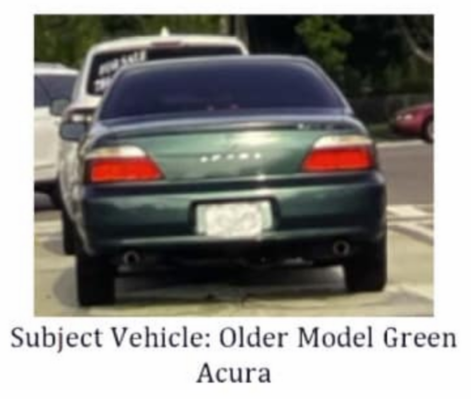 The green Acura sedan from which the Seminole County Sheriff’s Office say the carjacker emerged.