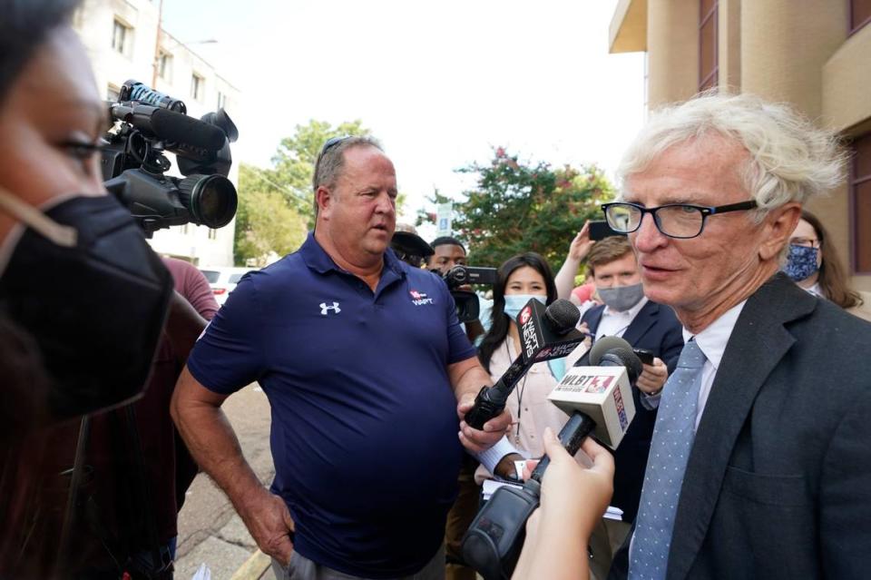 Attorney Rob McDuff, an attorney representing the Jackson Women’s Health Organization, speaks with reporters, after arguing for a lawsuit filed by the state’s only abortion clinic, to remain open by blocking a law that would ban most abortions in the state, Tuesday, July 5, 2022, at the Hinds County Chancery Court in Jackson, Miss. (AP Photo/Rogelio V. Solis)