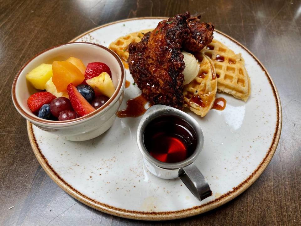 Eppings on Eastside serves a Gerber farms fried chicken breast, two house-made waffles, red chili honey, smoked onion butter and maple syrup.