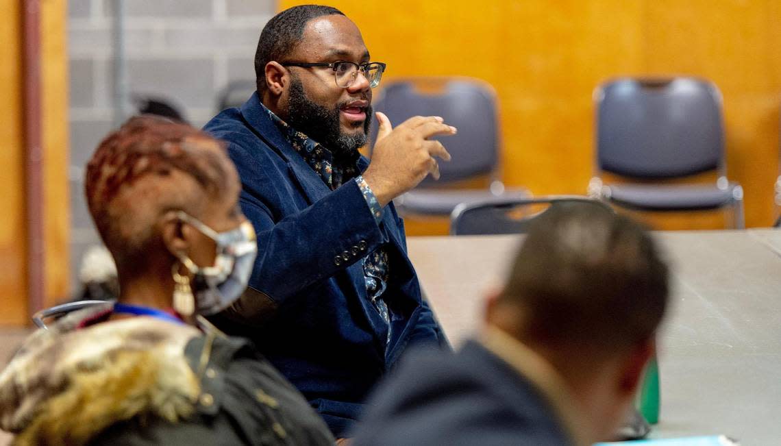Branden Mims, the pastor of Greater Metropolitan Church of Christ, speaks during a Partners for Peace meeting at the Gregg Klice Community Center on Wednesday, Dec. 21, 2022, in Kansas City.