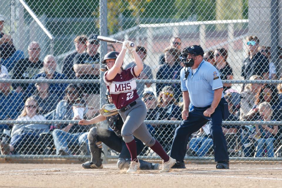 Mishawaka's Leah Dawson at bat during the Mishawaka-Penn high school 4A sectional softball game on Tuesday, May 24, 2022, at Ward Baker Park in Mishawaka, Indiana.
