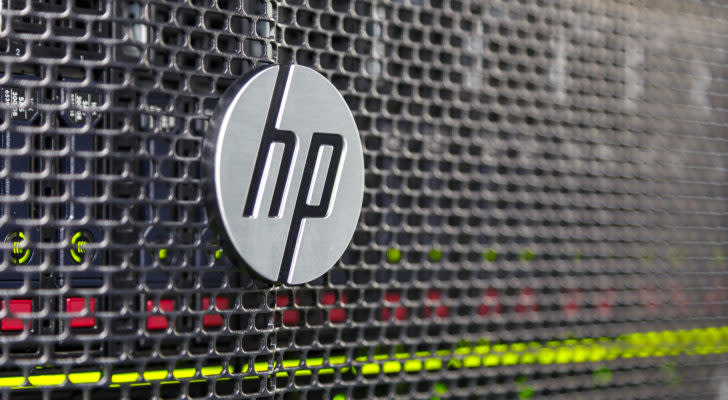 Image of the HP logo on a mesh computer case