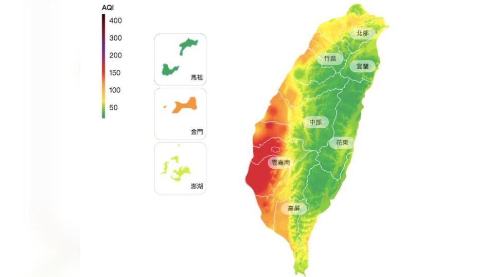 西半部背風側，部分地區空品不佳。（圖／翻攝環保署）