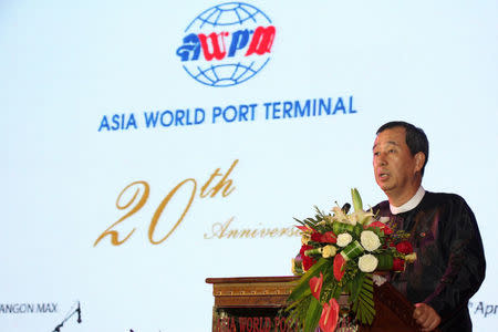 Myanmar businessman and owner of Asia World port terminal Steven Law speaks during terminal anniversary in Yangon, Myanmar, April 25, 2016. Asia World Company/Handout via REUTERS