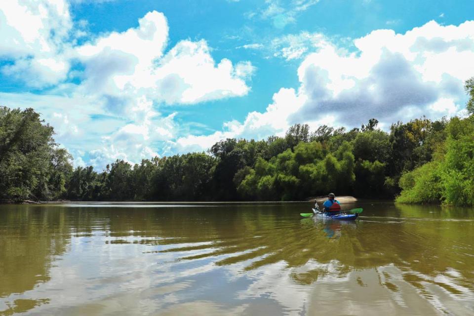 Kayaker Tim Brown of Savannah enjoys a quiet paddle along a wild and remote stretch of the Santee River near Jamestown.