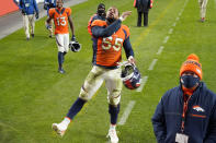 Denver Broncos outside linebacker Bradley Chubb (55) celebrates after an NFL football game against the Miami Dolphins, Sunday, Nov. 22, 2020, in Denver. The Broncos won 20-13. (AP Photo/Jack Dempsey)