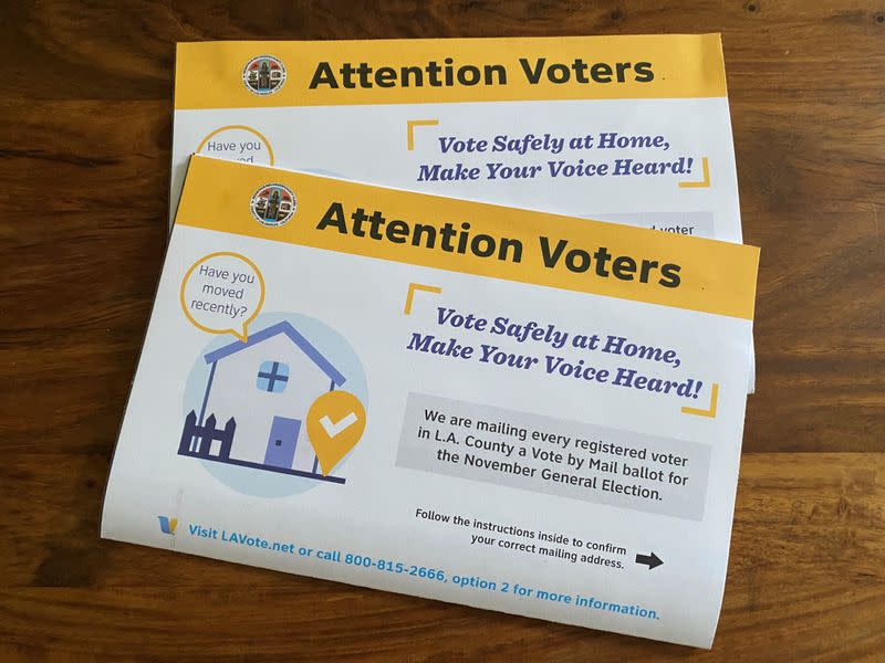 Mailers sent to registered voters to confirm their address for U.S. election postal ballots are seen in Los Angeles