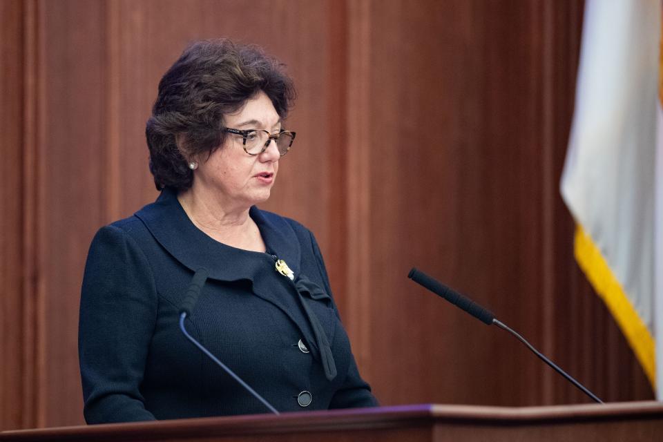 President of the Senate Kathleen Passidomo presents her opening remarks during the Senate Session on opening day of the 2023 Florida Legislative Session, Tuesday, March 7, 2023. 