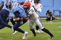 Cincinnati Bengals defensive end Sam Hubbard (94) sacks Tennessee Titans quarterback Ryan Tannehill (17) during the second half of an NFL football game, Sunday, Nov. 27, 2022, in Nashville, Tenn. (AP Photo/Mark Zaleski)