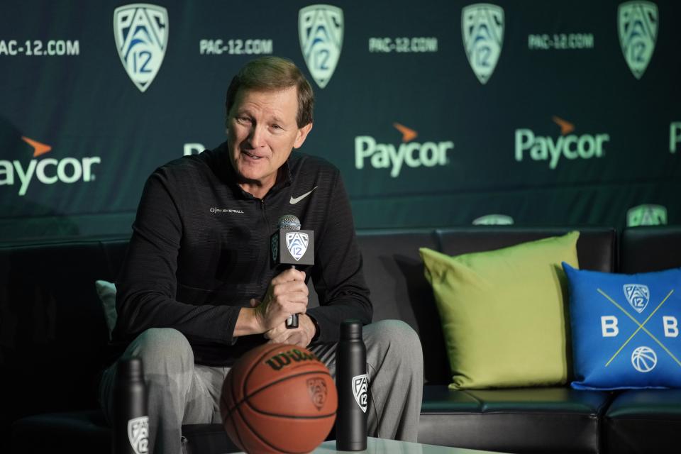 Oregon head coach Dana Altman speaks during a news conference at the Pac-12 Conference NCAA college basketball media day Wednesday, Oct. 11, 2023, in Las Vegas. | John Locher, Associated Press