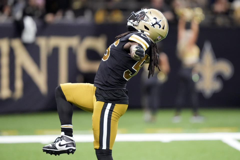 New Orleans Saints linebacker Demario Davis celebrates after a sack of Los Angeles Rams quarterback Matthew Stafford in the second half of an NFL football game in New Orleans, Sunday, Nov. 20, 2022. (AP Photo/Gerald Herbert)