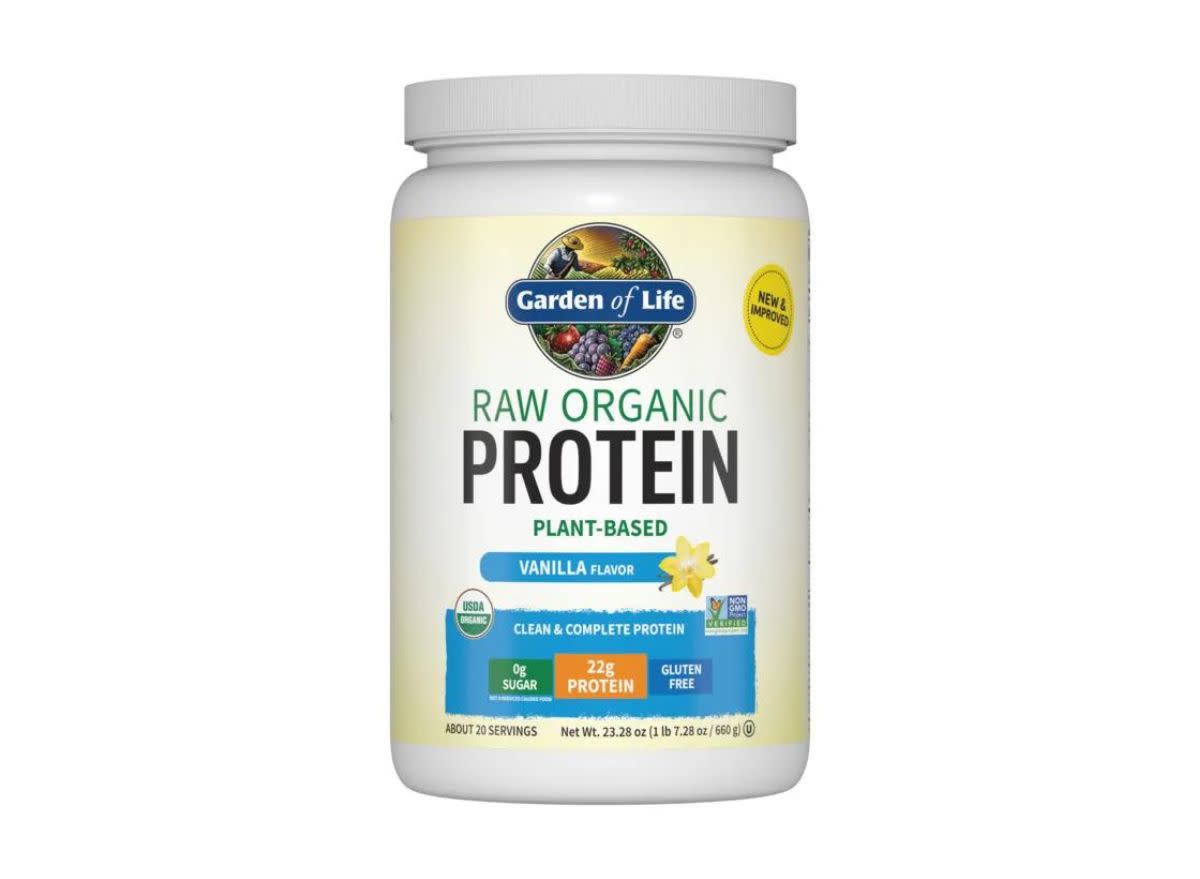 container of protein powder on a white background