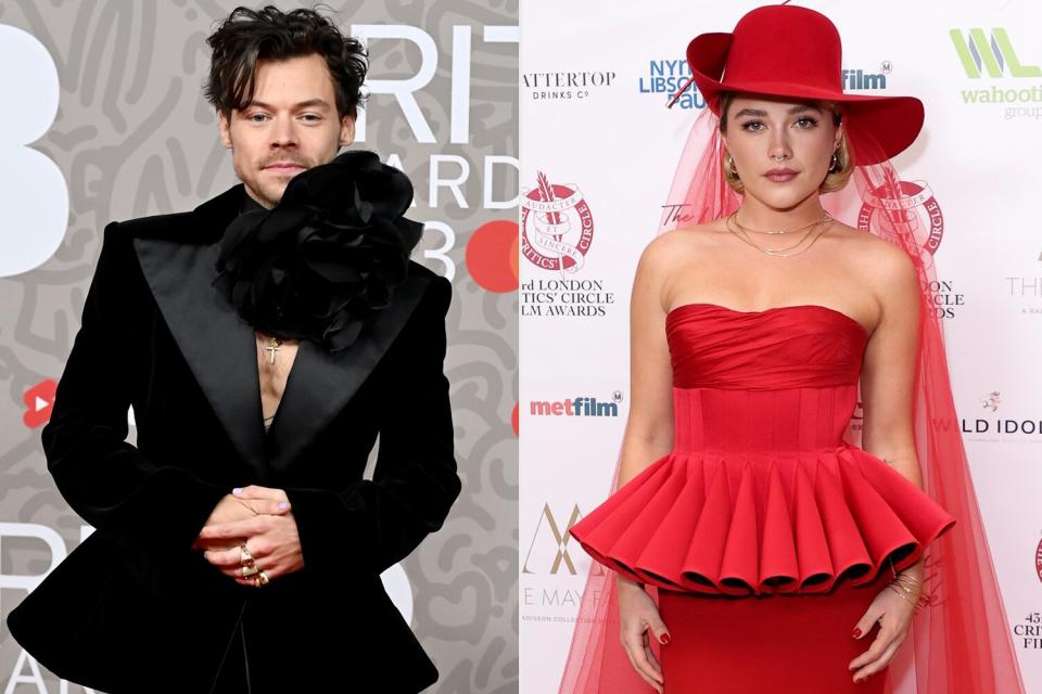 LONDON, ENGLAND - FEBRUARY 11: Harry Styles attends The BRIT Awards 2023 at The O2 Arena on February 11, 2023 in London, England. (Photo by Stringer/Anadolu Agency via Getty Images); LONDON, ENGLAND - FEBRUARY 05: Florence Pugh attends the 43rd London Critics' Circle Film Awards 2023 at The Mayfair Hotel on February 05, 2023 in London, England. (Photo by Mike Marsland/WireImage)