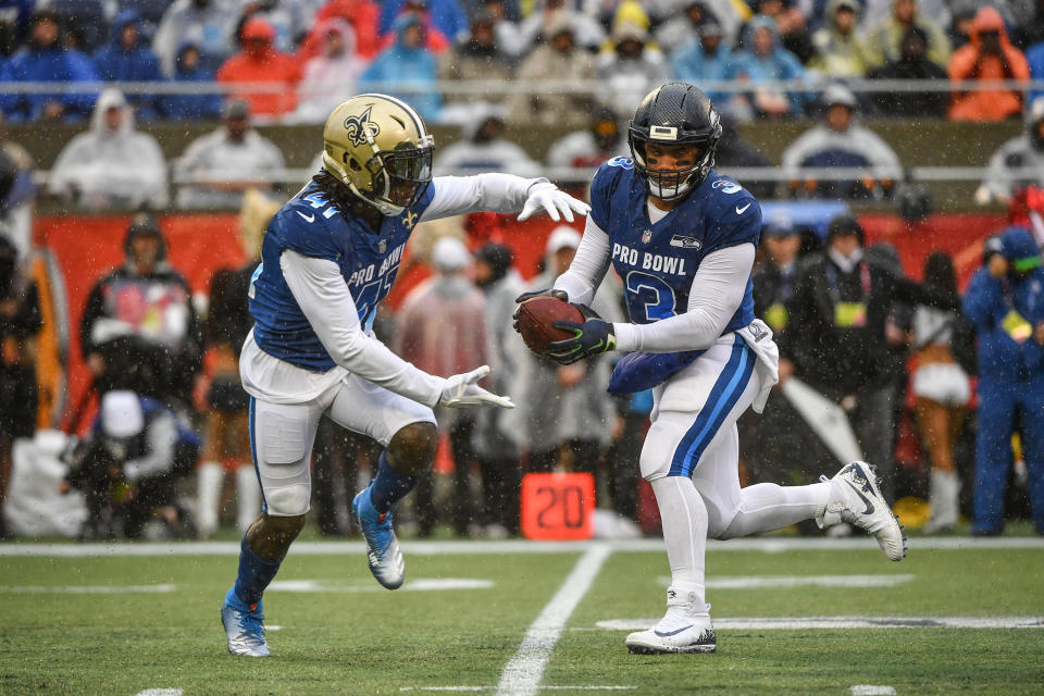 Any event that has Alvin Kamara and Russell Wilson in the same backfield is a good event. (Photo by Mark Brown/Getty Images)