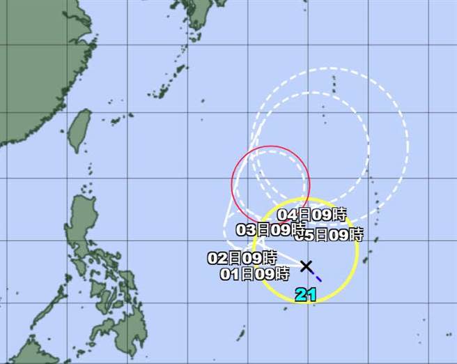 第21號颱風「妮亞圖」生成，朝西北西方向移動再轉東北東方向前進，對台灣天氣無直接影響。(翻攝自 日本氣象廳)