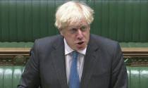 In this grab taken from video, Britain's Prime Minister Boris Johnson speaks during Prime Minister's Questions in the House of Commons, London, Wednesday, Sept. 16, 2020. (House of Commons/PA via AP)