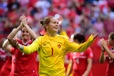 Canada goalkeeper Erin McLeod (1) reacts at the end of their 1-0 victory over Switzerland in Vancouver, June 21, 2015. Mandatory Credit: Anne-Marie Sorvin-USA TODAY Sports