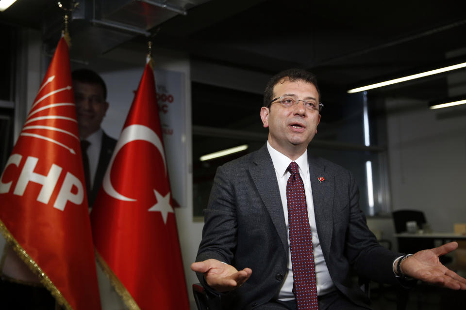 Ekrem Imamoglu, the opposition, Republican People's Party's (CHP) mayoral candidate in Istanbul, talks to The Associated Press in Istanbul, Thursday, April 4, 2019. Imamoglu said he's confident that the result of a recount of votes in the city will confirm his victory and has renewed an appeal to Turkey's President Recep Tayyip Erdogan to help end the standoff. Imamoglu won the tight race for Istanbul in Sunday's local elections in a major upset for Erdogan, who rose to power as the mayor of the city of 15 million and has said that whoever wins Istanbul wins to whole of Turkey. (AP Photo/Lefteris Pitarakis)