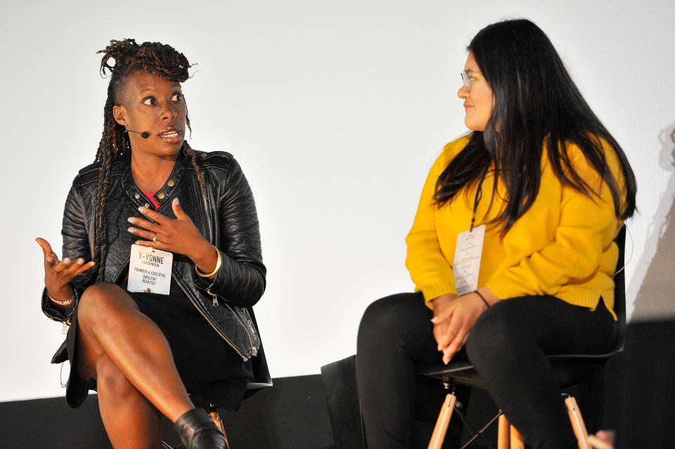 SAN FRANCISCO, CA - JUNE 06: Y-Vonne Hutchinson, left, and Jennifer Morales participate in a panel discussion at Alamo Drafthouse New Mission on June 6, 2017 in San Francisco, California.  (Photo by Steve Jennings/Getty Images for TechCrunch)