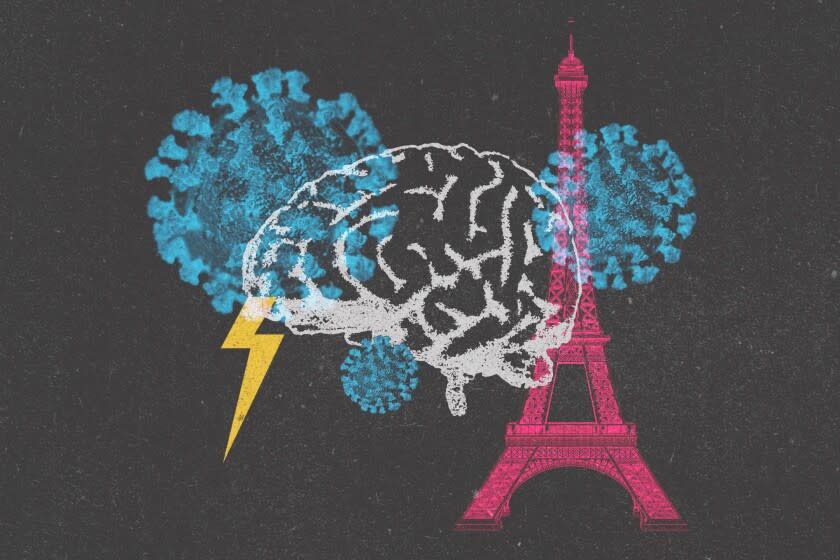 An illustration of a brain surrounded by "clouds" of a coronavirus with lightning striking.