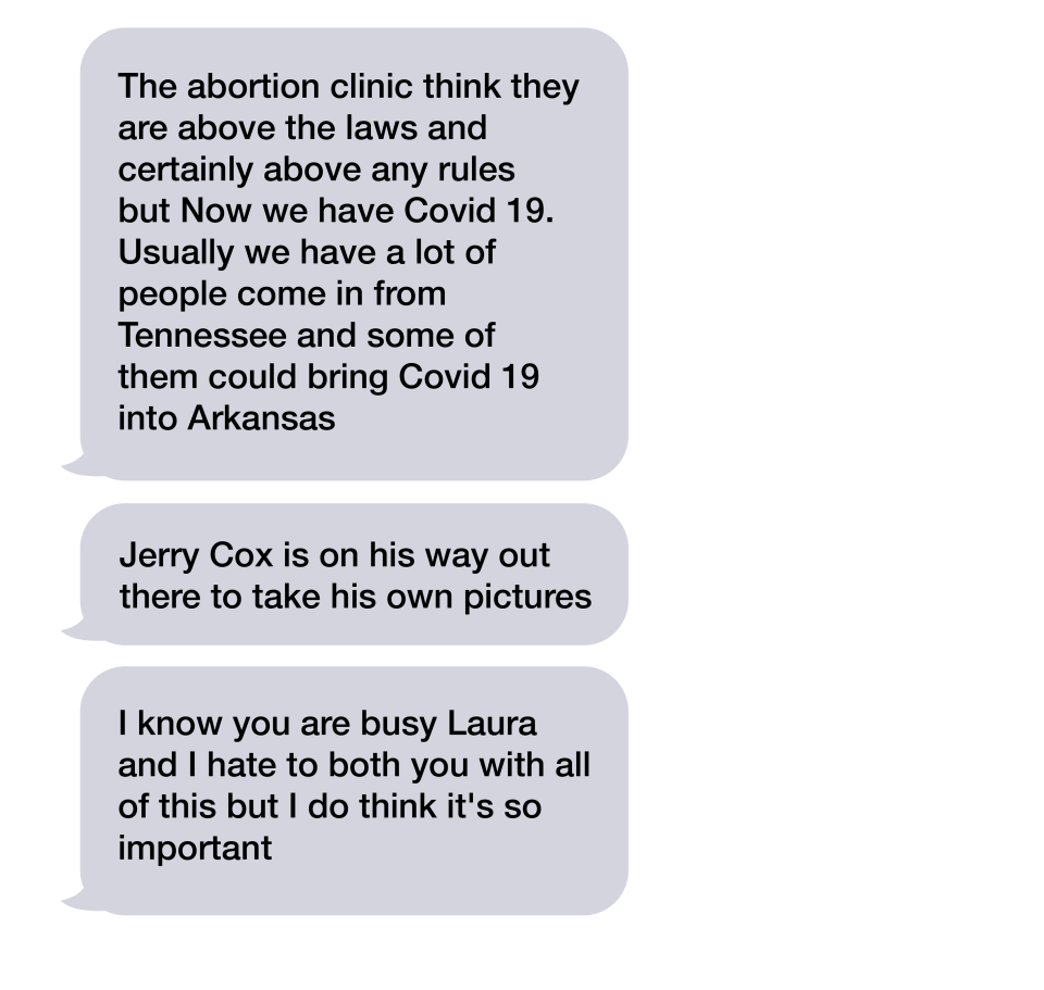 Marsha Boss sent many texts to the general counsel for the Arkansas Department of Health, Laura Shue, complaining about the Little Rock clinic. <i data-stringify-type="italic">(This graphic is based on copies of the texts obtained via a Freedom of Information Act request.)</i> (Photo: HuffPost U.S.)