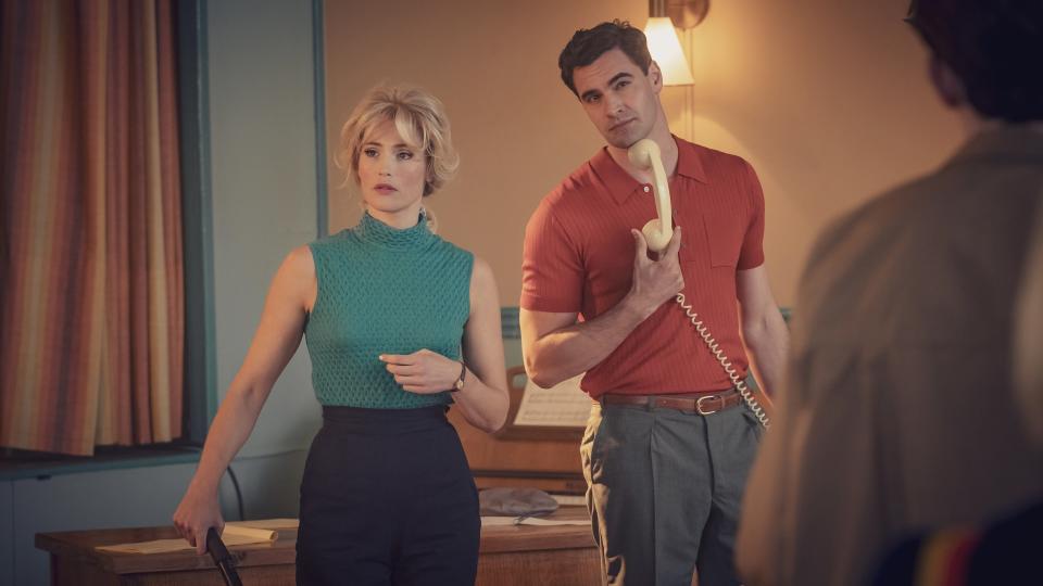 Gemma Arterton in a green top as Barbara and Tom Bateman in a red shirt and holding a phone as Clive in Funny Woman